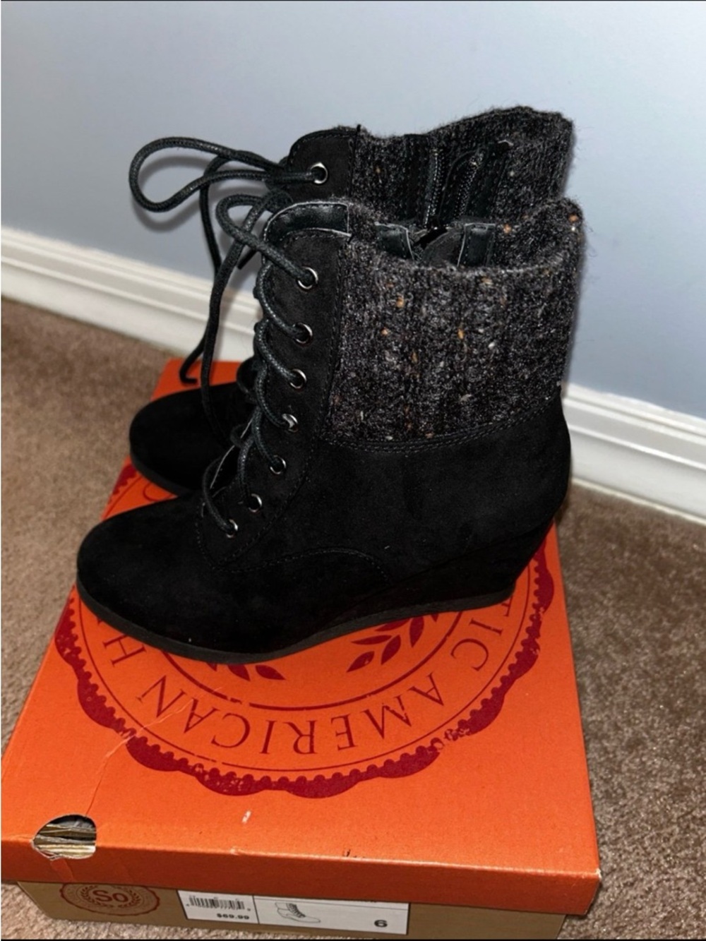 Black Lace Up Wedge Boots size 6
